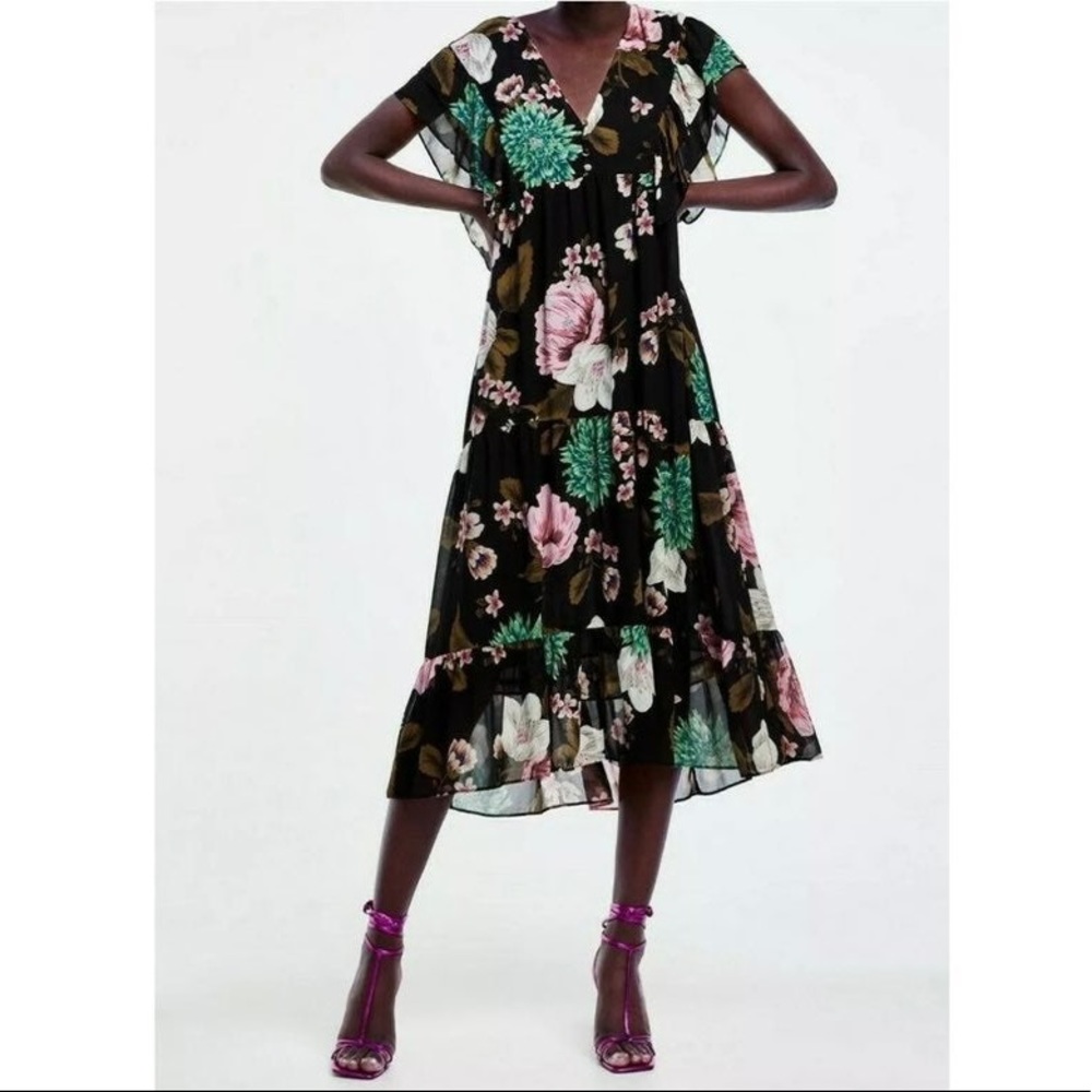 Zara Black Floral Printed Tiered Ruffle Midi Dress